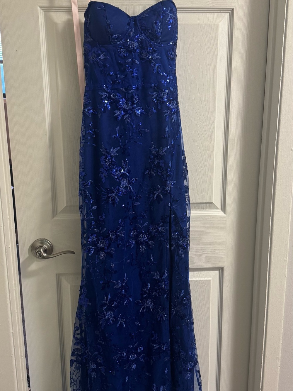 Lulu's Royal Blue Strapless Sequin Floral Gown